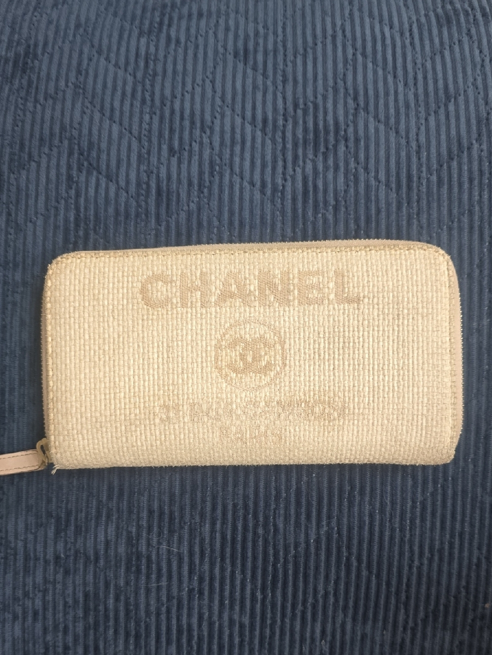CHANEL Beige Tweed Zip Wallet with Embossed Logo